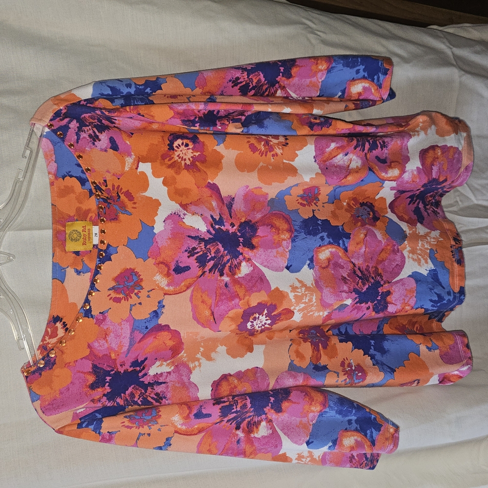Ruby Rd. Floral Top with Beaded Neckline - Picture 2 of 6